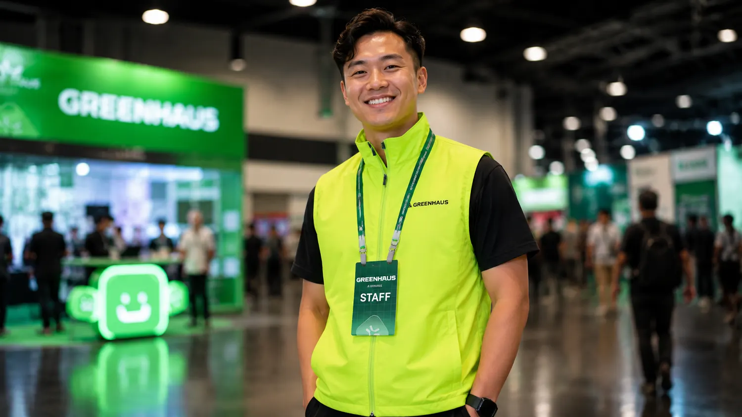 Abstract booth, hi-vis vest and event name tag