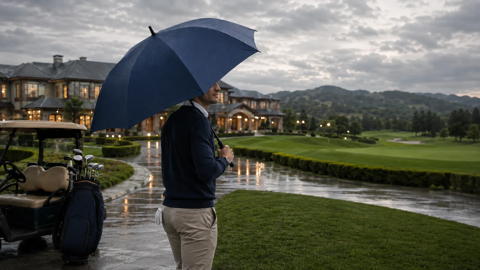 Long umbrella for outdoor conferences and golf events